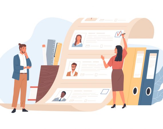 Man,And,Woman,Office,Workers,Standing,In,Front,Of,List